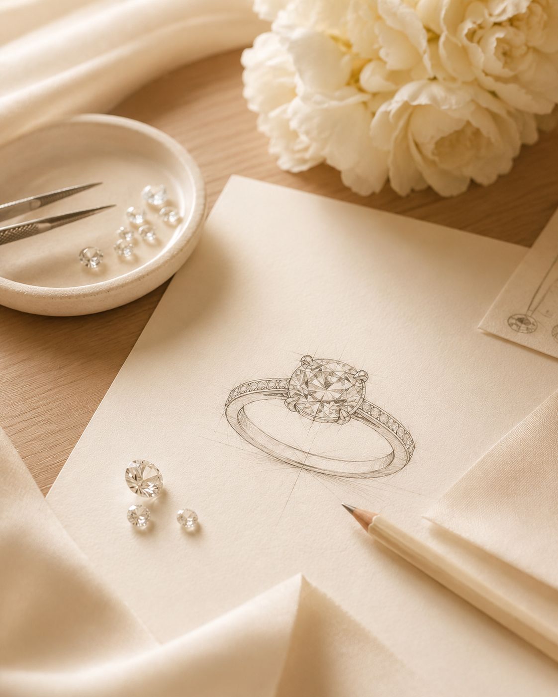 Hand-drawn custom jewelry sketch with gemstones