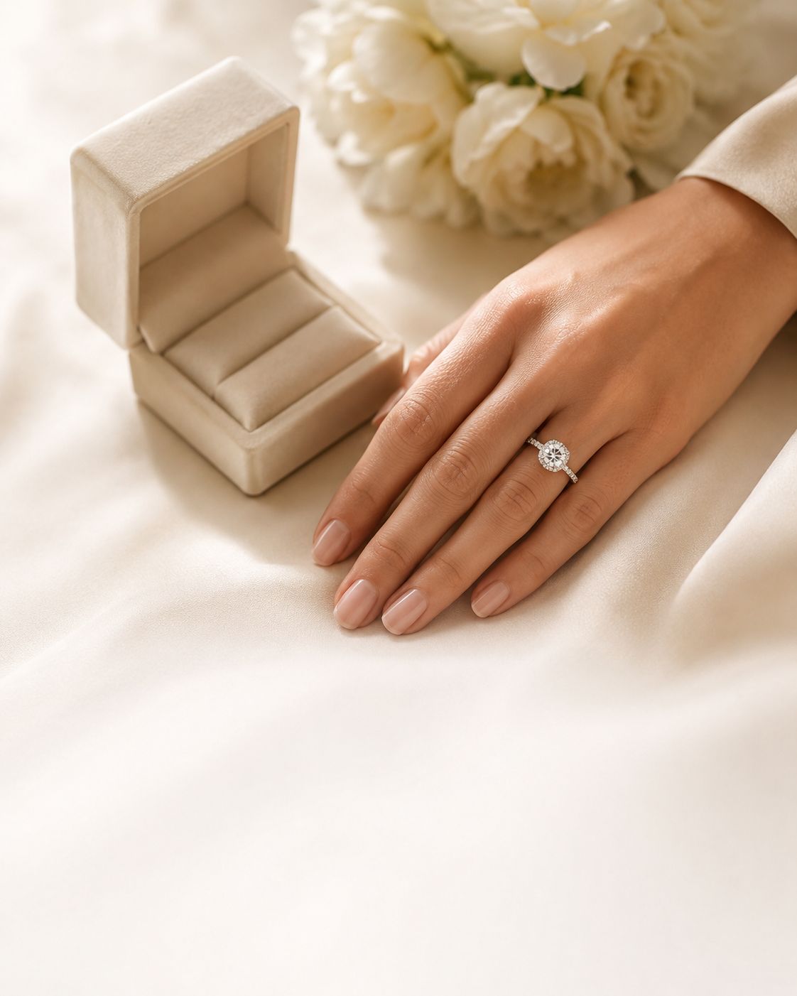Custom diamond ring worn on hand with jewelry box