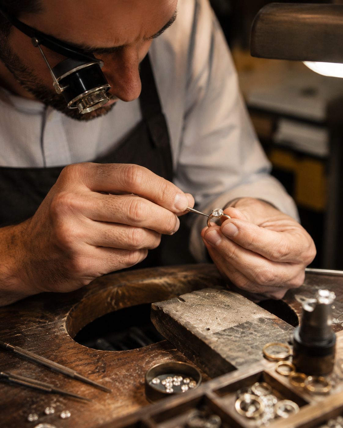 Master craftsman making custom jewelry in workshop